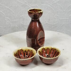 Vintage Ceramic Sake Set Brown Floral Motif Glazed Carafe Cups 3 Piece Set